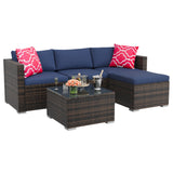 Garvee 5-Piece All-Weather Handwoven Wicker Rattan Patio Sectional Sofa Set with Cushions & Glass Coffee Table, Navy Blue Cushions - Brown / Navy Blue