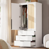 Garvee Armoire Wardrobe Closet with 3 Drawers and 2 Doors, Modern Wooden Wardrobe Cabinets for Hanging Clothes, Large Capacity Tall Standing Bedroom Armoires, Heavy Duty (Rattan, White) - White