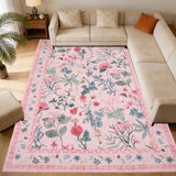 Garvee 9x12 Washable Floral Area Rug, Non-Slip Low Pile Rug, Stain Resistance Carpet for Living Room, Bedroom, Dining Room, Pink - Pink