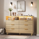 Garvee 47.2" w 6 Drawers Dresser with LED Lights & Charging Station, Modern Curved Fluted Wood Chest of Drawers with Gold Handles for Bedroom & Living Room, Oak - Oak