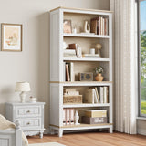 Garvee Farmhouse Style 71" Tall 5-Tier Bookcase – Adjustable Shelves, Spacious MDF Storage Display, Freestanding for Living Room, Office, Bedroom, Library – Easy Assembly – Wood & White Color - White+Wood