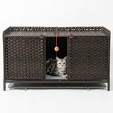 Garvee Handwoven Rattan Cat Litter Box Enclosure - Hidden Cat Washroom Cabinet with Door, Mat & S-Shaped Hooks - Spacious Stylish Cat Furniture for Living Room or Bedroom - Brown - Dark Brown
