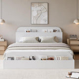 Garvee Full Size Low Platform Bed Frame, Sturdy Wood Bed with Storage Headboard, Raised Footboard & Sturdy Wooden Slats, No Box Spring Required, White - White