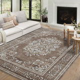 Garvee 9' × 12' Area Rugs for Living Room, Washable Floral Rug Non Slip Low Pile, Vintage Boho Botanical Throw Carpet for Farmhouse, Bedroom, Dining Room, Retro  Brown - Brown