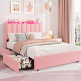 Garvee Full Size Kids Bed Frame with Storage & RGB LED, Boucle Upholstered, Metal Frame, 2 Drawers, Pink, Bedroom - Pink