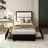 Garvee Bed Frame with LED Lights, Irregular Wave Upholstered Platform Bed with 2 Storage Drawers - Black