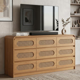 Garvee 9 Drawer Rattan Dresser, 55" Wide Dresser for Bedroom, Boho Natural Wood Chest of Drawers with Rounded Corners, Storage Cabinet for Living Room