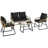 Garvee 4 Piece Patio Conversation Set, Weather-Resistant PE Rattan, Cushioned Loveseat, Chairs, Glass Table