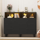 Garvee Modern Industrial Sideboard Buffet Cabinet, 6 Drawer Dresser with Open Storage Shelf, Charcoal Grey Wood Credenza for Dining Room, Kitchen, Coffee Bar Station, Living Room - Black