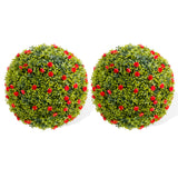 Garvee 16.5" Artificial Plant Topiary Ball Set of 2 with Red Flowers for Indoor Outdoor Porch Balcony Home Decor