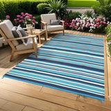 Garvee Waterproof Reversible Outdoor Rug 9x12ft - Modern Geometric Blue Striped Plastic Straw Patio Carpet, Durable Area Mat for Camping, Deck, Balcony, RV, Beach, Backyard - Four Colors (Navy Blue/Bright Blue/Light Blue/White) - Navy Blue Teal