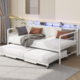 Garvee Twin Daybed with Pop Up Trundle – Heavy Duty Metal Frame, Linen Upholstered Storage Headboard, Built-in Charging Station & LED Light – Space-Saving for Bedroom, Living Room, Guest Room – White Tube + Linen White - White