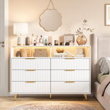 Garvee Modern White 6 Drawer Dresser with LED Lights & Charging Station – Fluted Storage Cabinet with Gold Handles, Open Shelf – Perfect for Bedroom, Living Room, Hallway – White One Box Pack - White