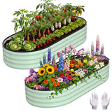Garvee 2 Pack 4x2x1 FT Oval Galvanized Raised Garden Beds, Green Metal Planter Boxes with Gloves & Rubber Edge Trim, 0.5mm Rust-Resistant Outdoor Beds for Vegetables, Flowers & Herbs