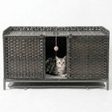 Garvee Handwoven Rattan Cat Litter Box Enclosure - Hidden Cat Washroom Cabinet with Door, Mat & S-Shaped Hooks - Spacious Stylish Cat Furniture for Living Room or Bedroom - Gray - Gray