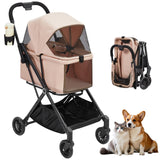 Garvee Foldable 4-Wheel Pet Stroller for Dogs & Cats -Dog Stroller, Lightweight Travel Carrier for Small to Medium Pets Up to 50 LBS, 360° Swivel Front Wheels, Foot Brake, Breathable Mes - Khaki