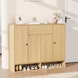 Garvee Modern Freestanding Shoe Cabinet with 4 Doors & 1 Drawer – Large Capacity Wooden Entryway Organizer, Open Bottom Shelf, Rounded Corners – Perfect for Hallway or Foyer – Natural wood color