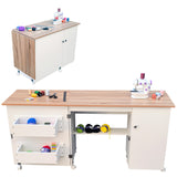 Garvee Large Folding Sewing Table, Sewing Machine Table with Compact Design, Multipurpose Craft Station & Side Desk with Lockable Wheels, Storage Shelves, Storage Trays, Magnetic Locks - White & Natural