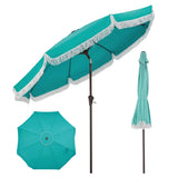 Garvee 9 ft Fringe Patio Umbrella, Outdoor Tassel Market Umbrella with Crank Handle, Push Button Tilt, 8 Fiberglass Ribs & 1.5 in Steel Pole, Blue - Lake Blue