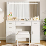 Garvee Modern Vanity Desk with Large LED Mirror, 7 Drawers, 3 Lighting Modes, Adjustable Brightness, Cushioned Stool, Charging Outlets, Hair Dryer Holder – Makeup Table for Bedroom - Color: White - White