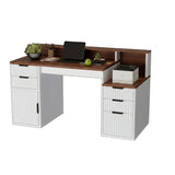 Garvee Space-Saving Computer Desk with Hutch and Printer Stand – Ripple Door, Multi-Drawer Storage, Sturdy Workstation, Easy Assembly – Perfect for Home Office, Brown-White Color Block - Brown-White