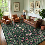 Garvee Washable Area Rug for Living Room - Soft Low Pile Non-Slip Carpet - Elegant Floral Design - Ideal for Bedroom & Dining Room - Dark Green, 5x7ft - Dark Green