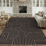 Garvee Ultra-Thin Washable Jute Area Rug – Non-Slip, Mark Resistant, Collapsible Modern Abstract Striped Carpet for Living Room, Bedroom, Dining, Patio, Black, 8x10ft - Black