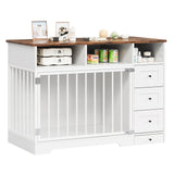 Garvee 48" Dog Crate Furniture with Bowls, Heavy Duty Dog Kennel End Table with 3 Storage Drawers, Locking Door, Farmhouse Style Pet Crate Cabinet for Medium Small Dogs, White - White