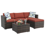 Garvee 5-Piece All-Weather PE Wicker Modular Patio Sectional Sofa Set with Ottoman, Glass Table & Red Cushions - Brown / Red