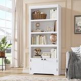 Garvee 5 Tier Bookshelf, 69'' Tall Farmhouse Bookcase with 2 Doors & Adjustable Shelves - Open Display Storage Rack with Anti-Slip Design for Home Office, Balcony, Library, Study, Living Room, White - White