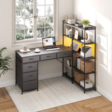 Garvee L-Shaped Computer Desk Organizer – 6 Drawers, 5-Tier Storage Shelves, LED Lights & Power Outlets, Modern 47.2'' Corner Shelf Rack, Sturdy Wooden Workstation for Home Office, Study, Gaming – Black Small Embossed - Black
