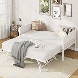 Garvee Daybed with Trundle, Twin Size Day Bed with Metal Slat Support & Lockable Casters, Wavy Headboard with Wood Grain, Space-Saving Sofa Bed for Living Room/Guest Room, No Box Spring Needed, White - White