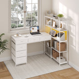 Garvee L-Shaped Computer Desk Organizer – 6 Drawers, 5-Tier Storage Shelves, LED Lights & Power Outlets, Modern 47.2'' Corner Shelf Rack, Sturdy Wooden Workstation for Home Office, Study, Gaming – White Small Embossed - White