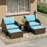 Garvee 5-Piece Outdoor Rattan Sofa Set – All-Weather Wicker Patio Furniture with Glass Coffee Table, Soft Cushions, Ottomans – Modern Blue Fabric, Perfect for Garden, Backyard, Balcony – Gradient Brown Rattan + Sky Blue Fabric - Blue