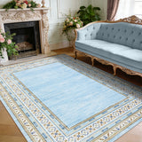 Garvee Lingt Blue Washable Bordered Area Rug 5' × 7', Non Slip Low Pile Non Shedding Rug, Modern Distressed Geometric Rug for Living Room Dining Room Bedroom - Light Blue