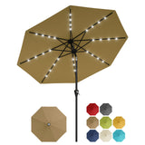 Garvee 9FT Solar LED Patio Umbrella, Waterproof Outdoor Market Table Umbrella with 8 Ribs, Crank Lift, Push Button Tilt, UV Protection for Garden, Pool & Deck, Khaki - Tan