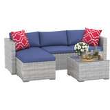 Garvee Heavy Duty 5-Piece Wicker Patio Sectional Set, Modular L-Shaped Rattan Sofa for Outdoor Porch, Gray Blue - Gray / Blue