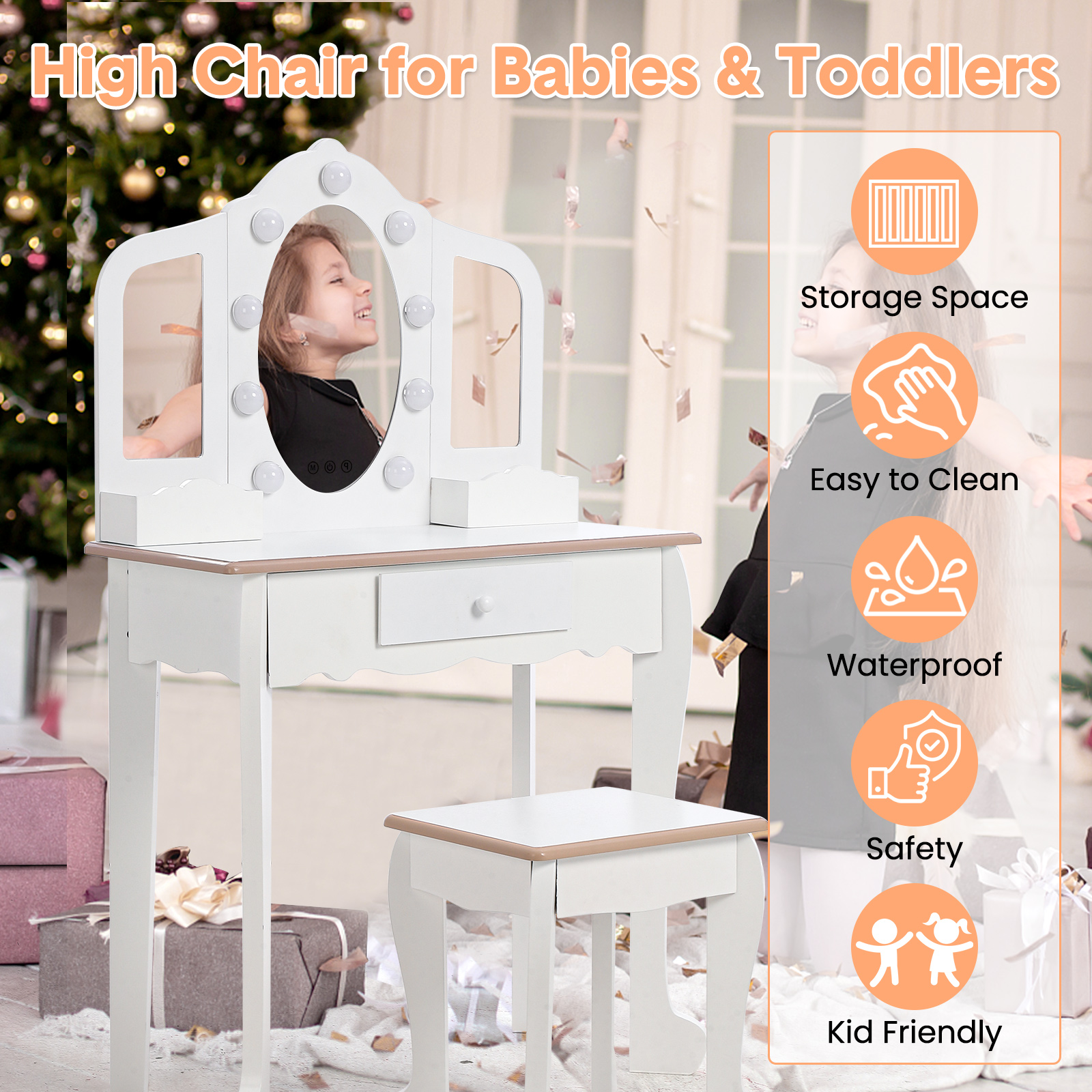Garvee Kids Vanity Table Set with 3 Mirrors and Light Suitable for Age 3-10, White