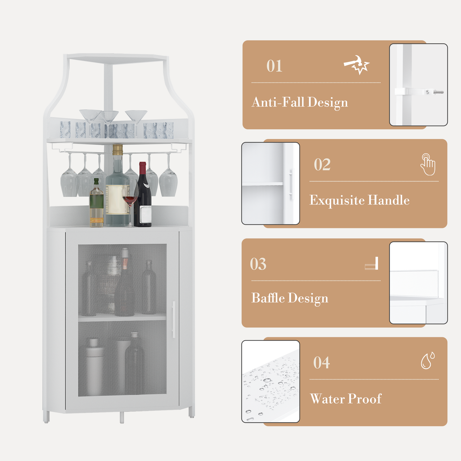 Garvee Corner Wine Bar Rack Cabinet with Detachable Wine Rack, Bar Cabinet with Glass Holder and Mesh Door, Liquor Coffe Bar Cabinet with Adjustable Shelves, ‎White
