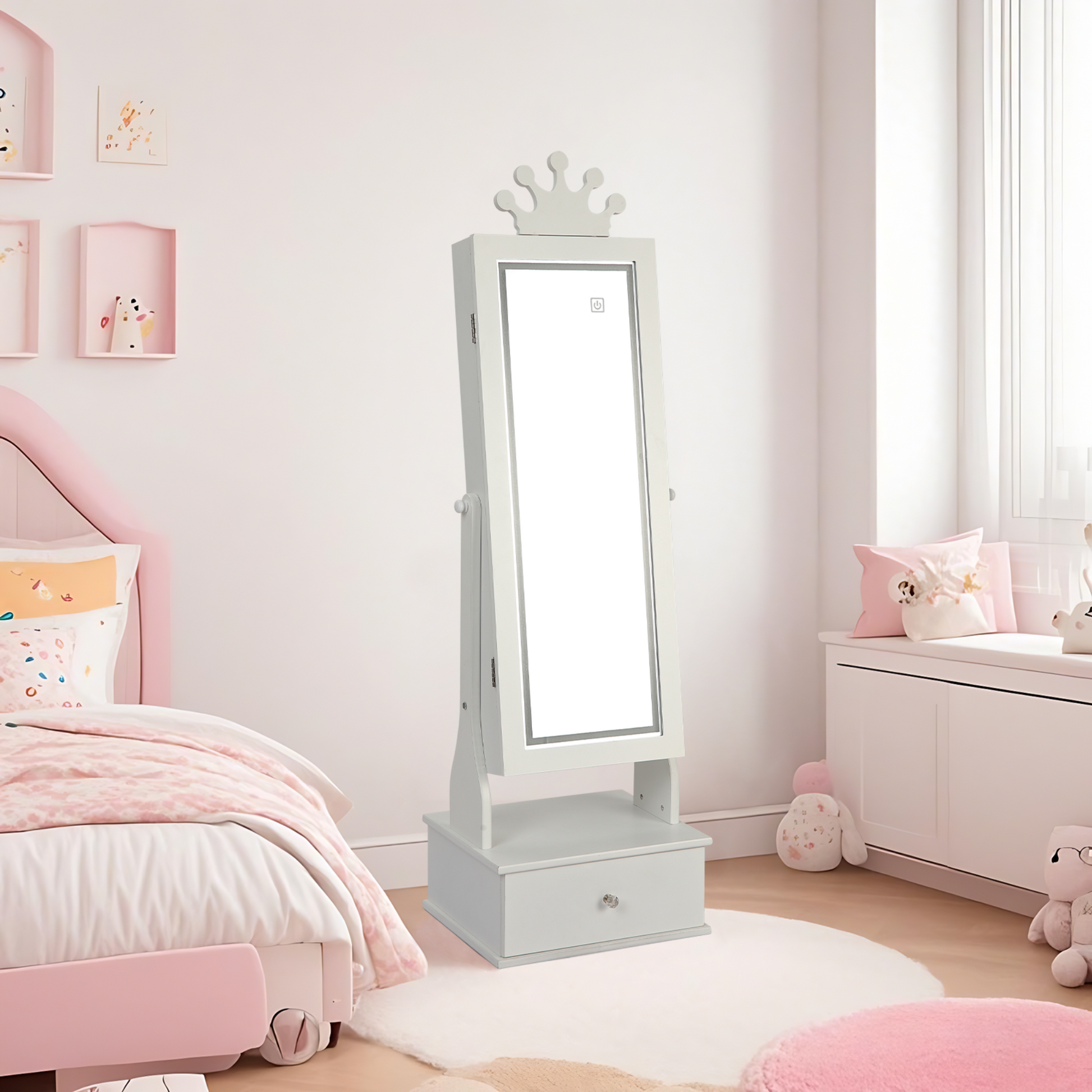 Garvee Freestanding Jewelry Armoire Cabinet with Led Light, Full-Length Mirror and 3 Storage Drawers for Girls, White