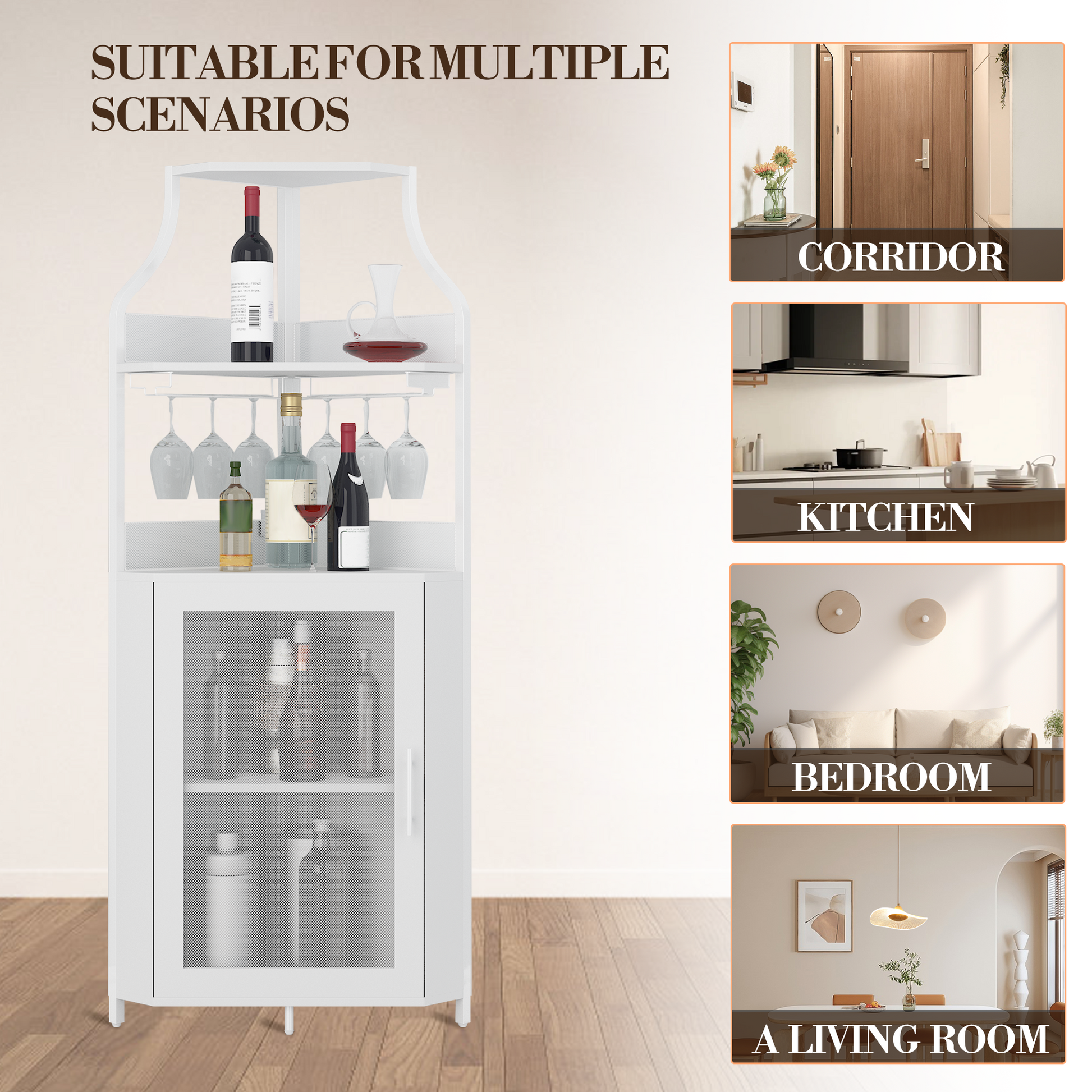 Garvee Corner Wine Bar Rack Cabinet with Detachable Wine Rack, Bar Cabinet with Glass Holder and Mesh Door, Liquor Coffe Bar Cabinet with Adjustable Shelves, ‎White