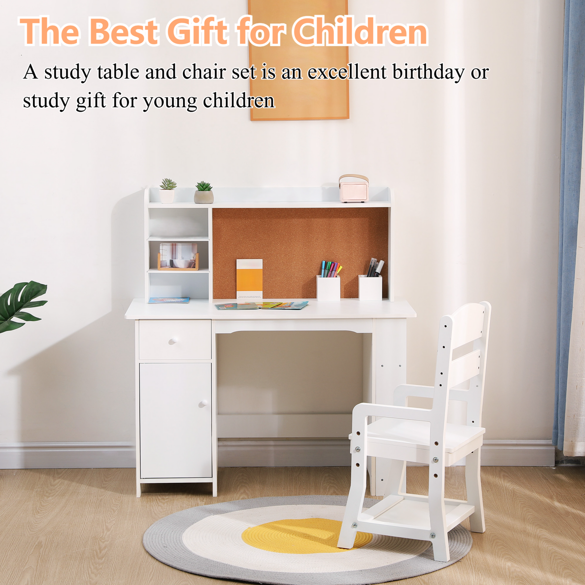 Garvee Kids Study Desk and Chair Set with Bookshelf, Bulletin Board, and Cabinets Perfect for Ages 3-8, White