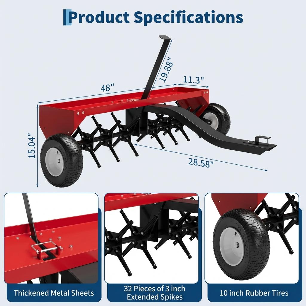 Garvee 48" Tow-Behind Lawn Plug Aerator for Tractor, Heavy-Duty Steel Core Tines, Universal Hitch, Weight Tray, Red