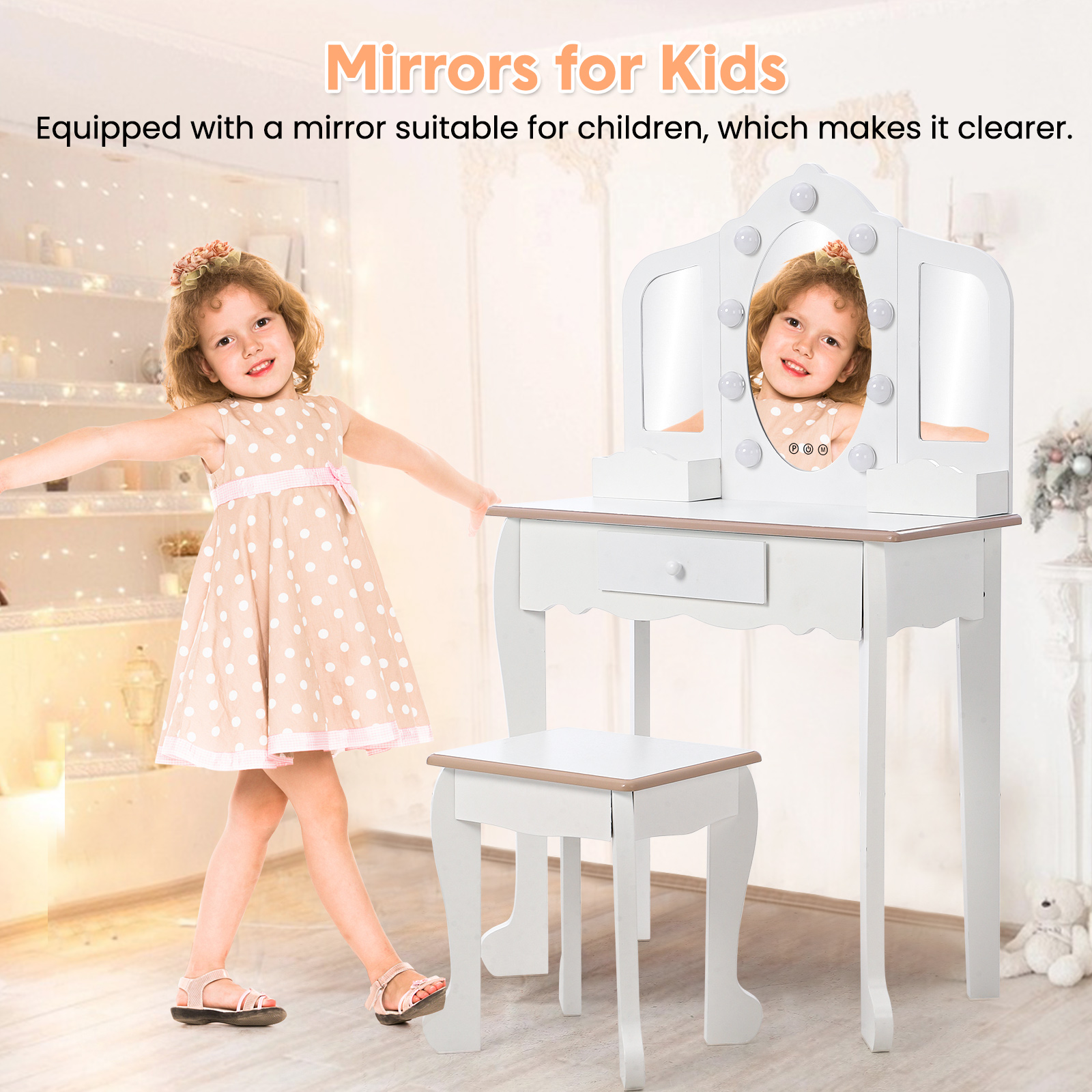 Garvee Kids Vanity Table Set with 3 Mirrors and Light Suitable for Age 3-10, White