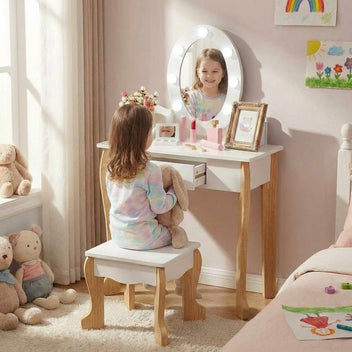 Garvee Kids Vanity Table Set with Lights Mirror, Storage Drawer and Stool Suitable for Girls Age 3-10, White
