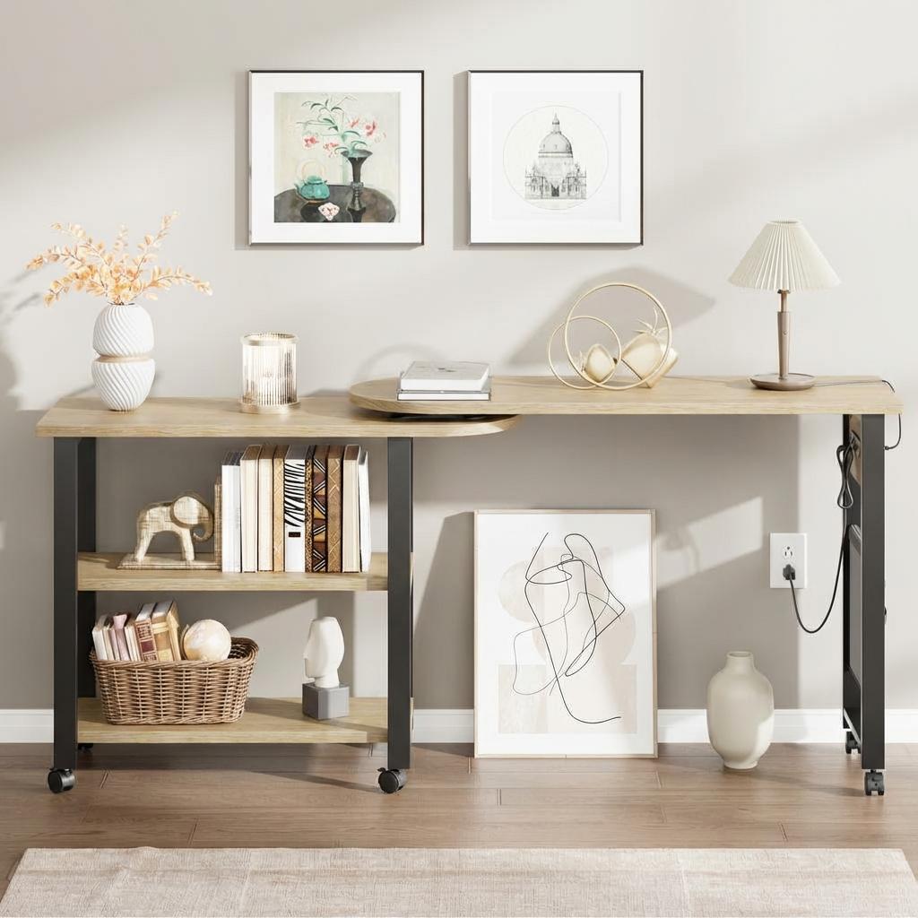 Garvee 360° Rotatable End Table with Charging Station, Extra Storage, Lockable Wheels, MDF & Metal, for Bedroom, Living Room, Wood Color