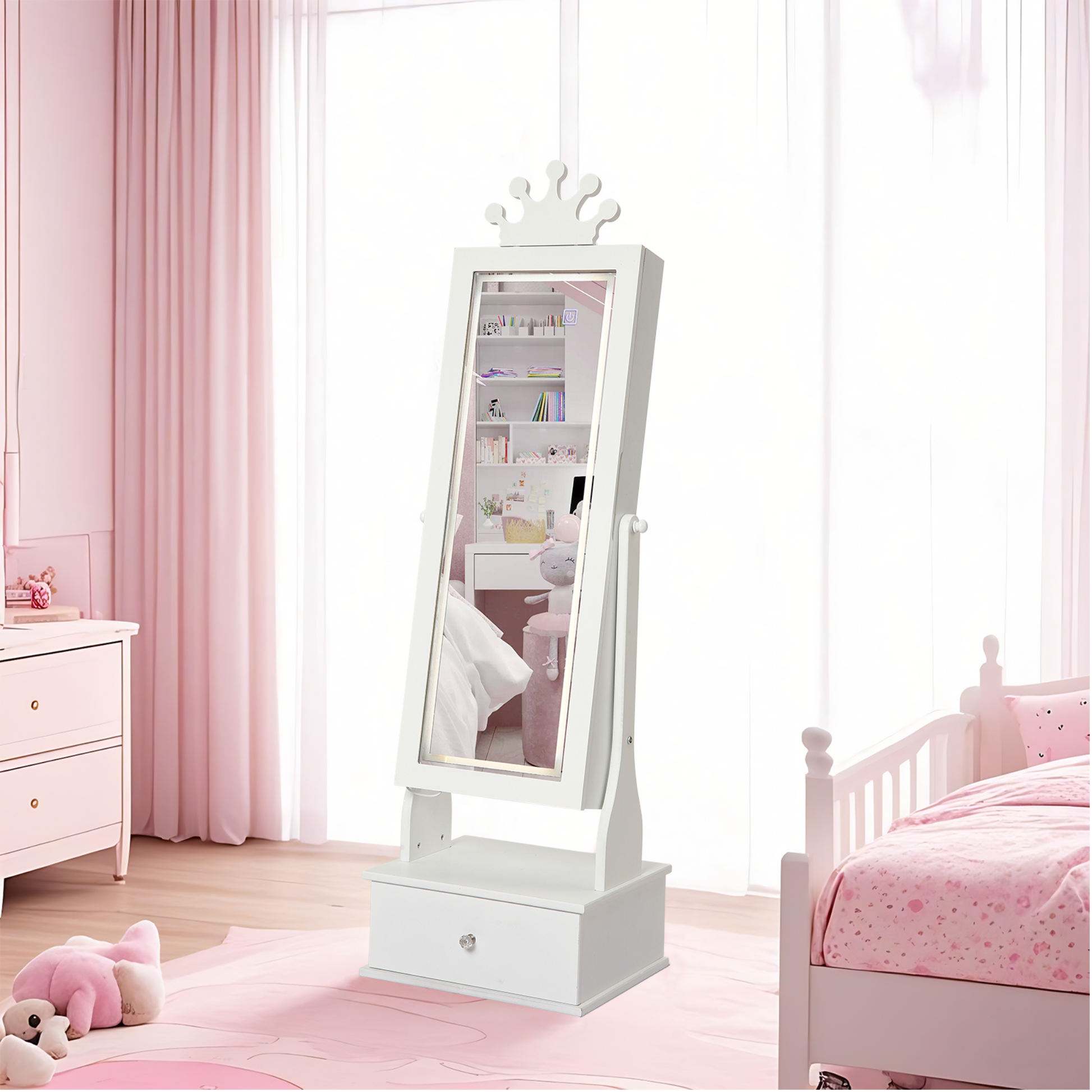 Garvee Freestanding Jewelry Armoire Cabinet with Led Light, Full-Length Mirror and 3 Storage Drawers for Girls, White