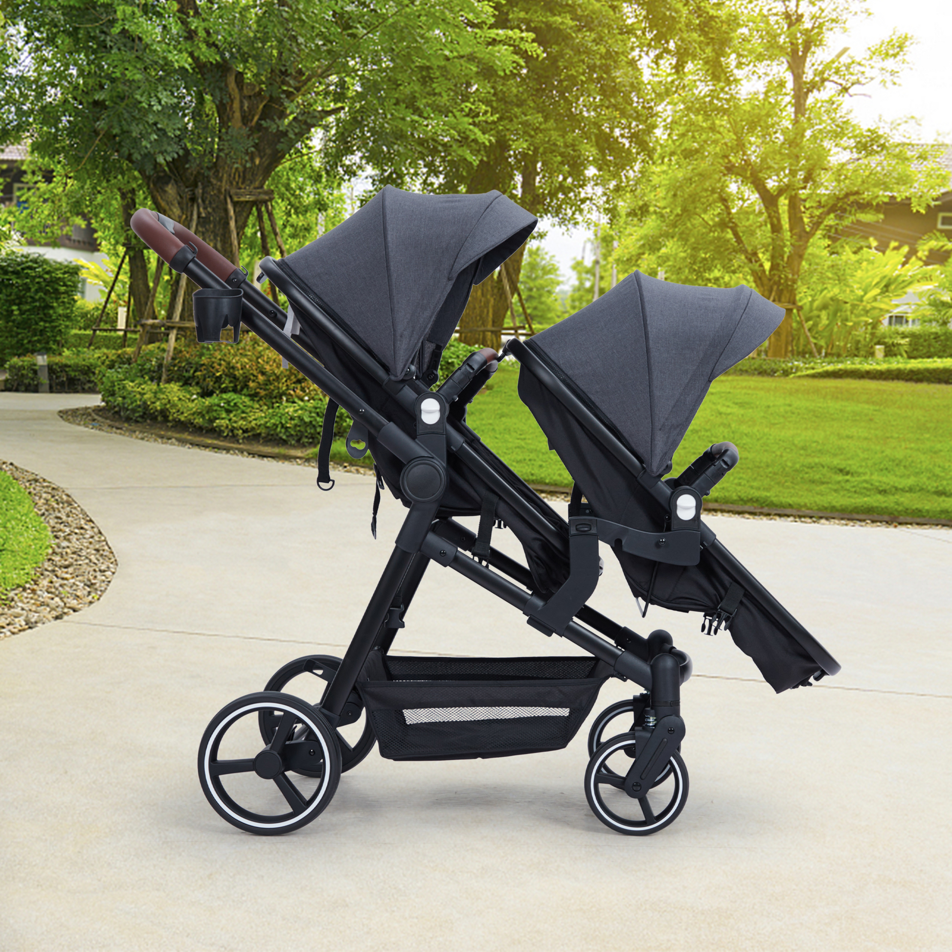 Garvee Foldable Double Baby Stroller in Multi-Position Reversible Design with Adjustable Backrest, Storage Basket and Canopy for Infant and Toddler, Dark Grey