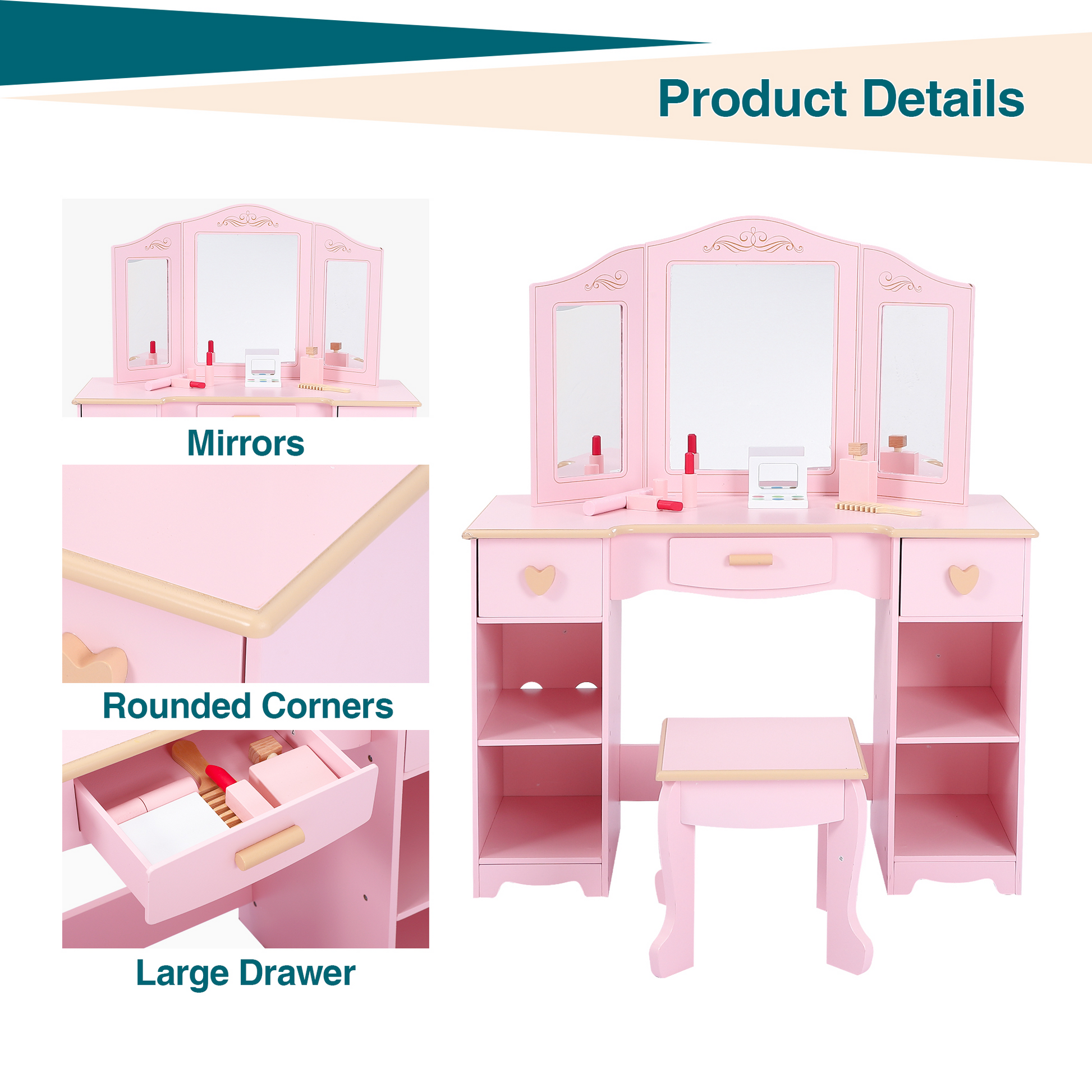Garvee Girls' Vanity Table and Stool Set with Mirror, Drawer and Wood Makeup Playset Toy for Age 3-10, Pink
