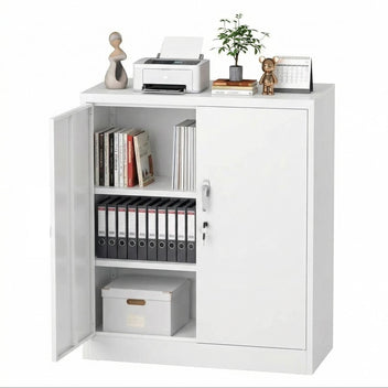 Garvee 35" Metal Storage Cabinet, Heavy Duty Steel Cabinet with Lockable Doors, Adjustable Shelves, Rust Resistant, Compact Garage Cabinet for Office, Workshop or Home, Easy Assembly, White